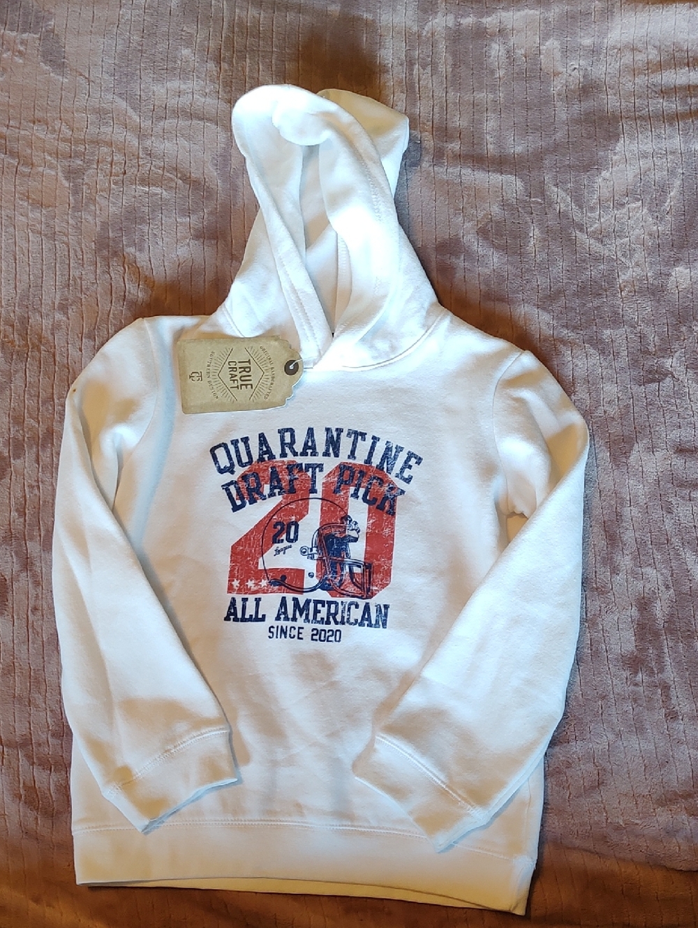 True Craft White Hoodie with Red and Blue Graphic